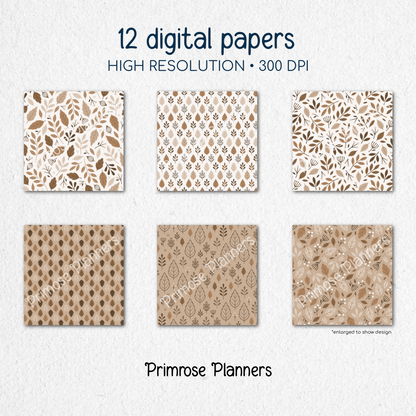 Tan & Brown Leaf Digital Paper, Neutral Fall Scrapbook Backgrounds, Earth Tone Botanical Patterns, Boho Autumn Pages
