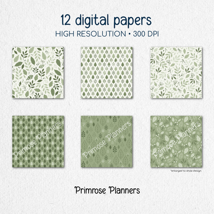 Sage Green Leaf Digital Paper, Meadow Botanical Scrapbook Backgrounds, Earthy Foliage Patterns, Minimalist Planner Pages