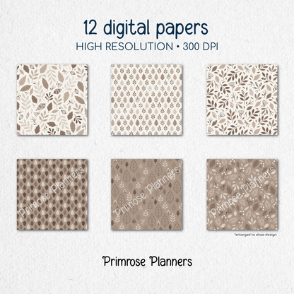 Taupe Leaf Digital Paper, Neutral Botanical Scrapbook Backgrounds, Earth Tone Fall Foliage Patterns, Minimalist Beige Pages