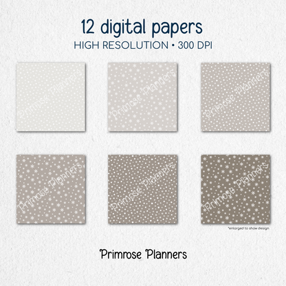 Taupe Snowflake Digital Paper, Neutral Winter Scrapbook Backgrounds, Beige Minimalist Holiday Patterns, Falling Snow Pages