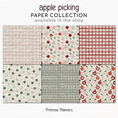 Apple Picking Scrapbook Paper, Cute Fall Floral Digital Paper, Red Green Autumn Gingham Backgrounds, Orchard Plaid Paper Set