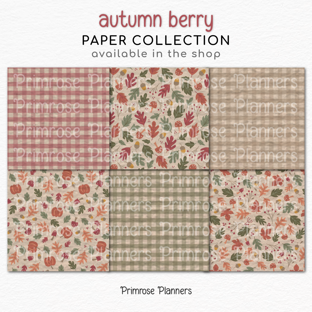 Muted Autumn Berry Scrapbook Paper, Cute Fall Pumpkin Acorn Pattern, Dusty Pink Olive Gingham Background, Thanksgiving Paper