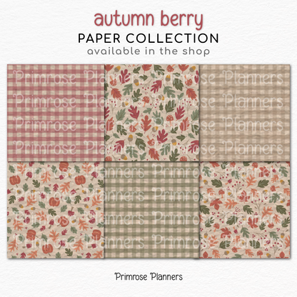 Muted Autumn Berry Scrapbook Paper, Cute Fall Pumpkin Acorn Pattern, Dusty Pink Olive Gingham Background, Thanksgiving Paper