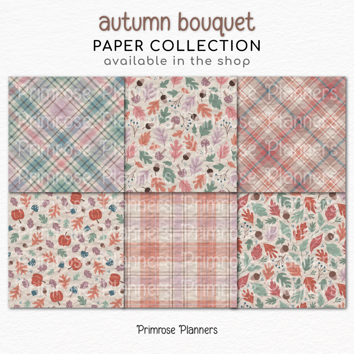 Soft Fall Digital Paper, Autumn Bouquet Patterns, Pastel Teal Mauve Plaid Backgrounds, Cute Thanksgiving Paper Pack
