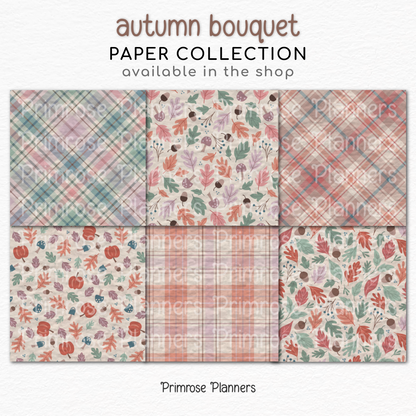 Soft Fall Digital Paper, Autumn Bouquet Patterns, Pastel Teal Mauve Plaid Backgrounds, Cute Thanksgiving Paper Pack