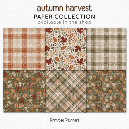 Autumn Harvest Scrapbook Paper, Rustic Fall Botanical Backgrounds, Earth Tone Plaid Prints, Cozy Neutral Digital Paper Sets