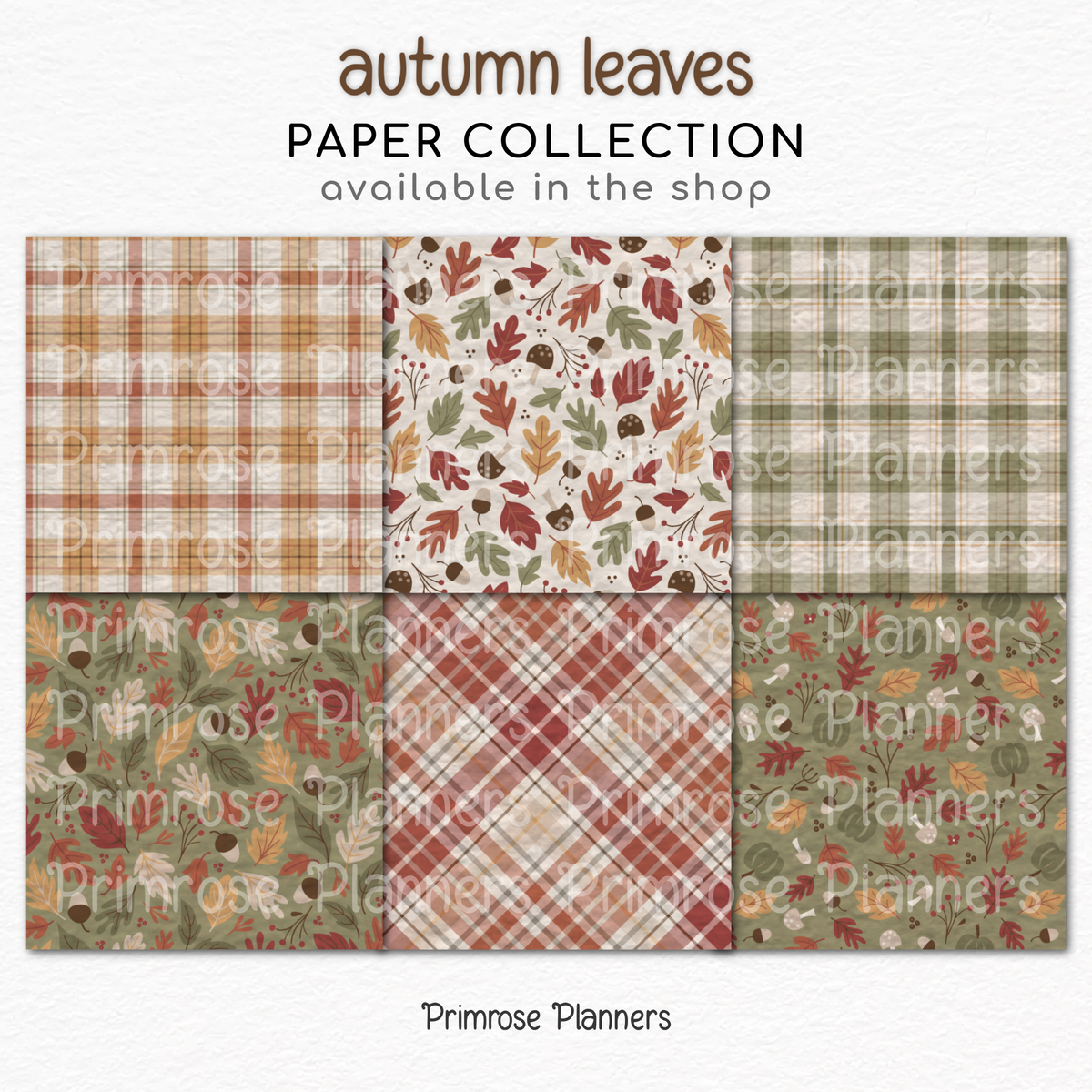 Autumn Leaves Scrapbook Paper, Earthy Fall Botanical Digital Paper Pack, Rustic Sage Green Plaid Prints, Cozy Neutral Backgrounds