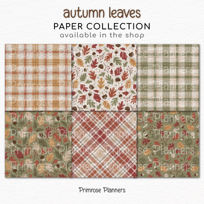 Autumn Leaves Scrapbook Paper, Earthy Fall Botanical Digital Paper Pack, Rustic Sage Green Plaid Prints, Cozy Neutral Backgrounds