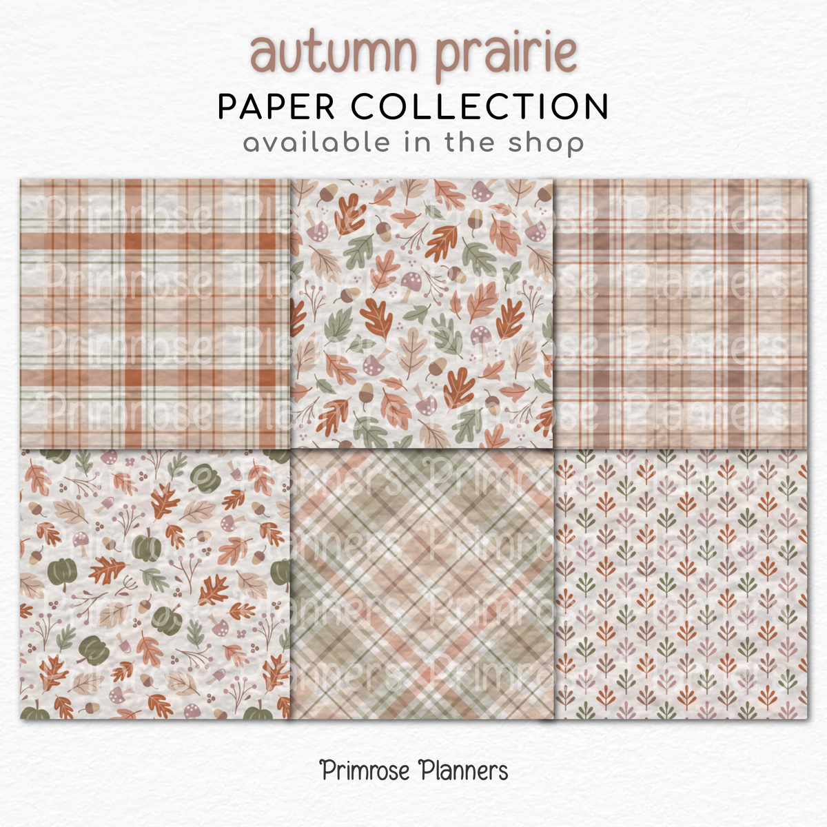 Muted Autumn Digital Paper Pack, Prairie Fall Botanical Backgrounds, Earth Tone Plaid Prints, Cozy Neutral Scrapbook Paper