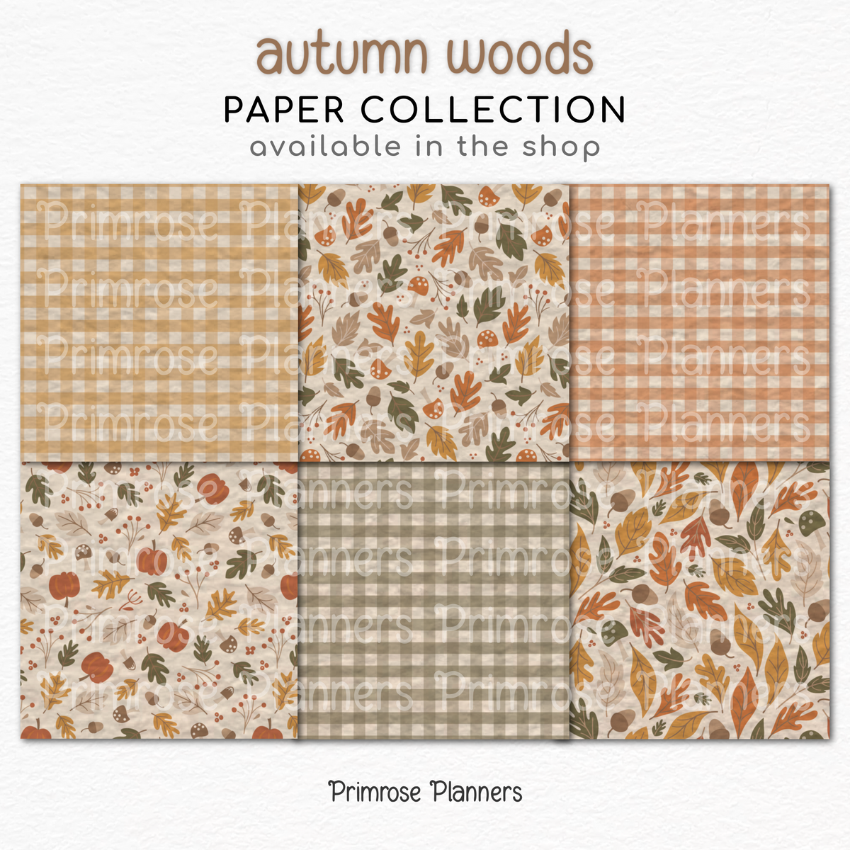 Neutral Autumn Woods Paper, Cozy Fall Leaves Acorn Pattern, Beige Brown Plaid Backgrounds, Earthy Thanksgiving Digital Paper