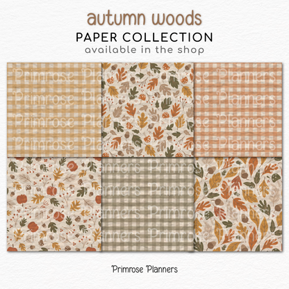 Neutral Autumn Woods Paper, Cozy Fall Leaves Acorn Pattern, Beige Brown Plaid Backgrounds, Earthy Thanksgiving Digital Paper