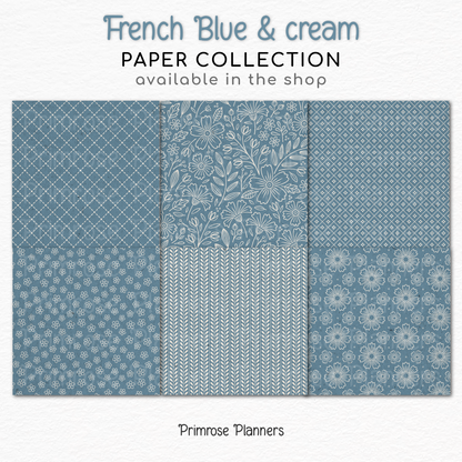 French Blue Cream Printable Paper | 24 Geometric & Floral Designs for Scrapbooking | Boho Wedding Invite Digital Backgrounds Download