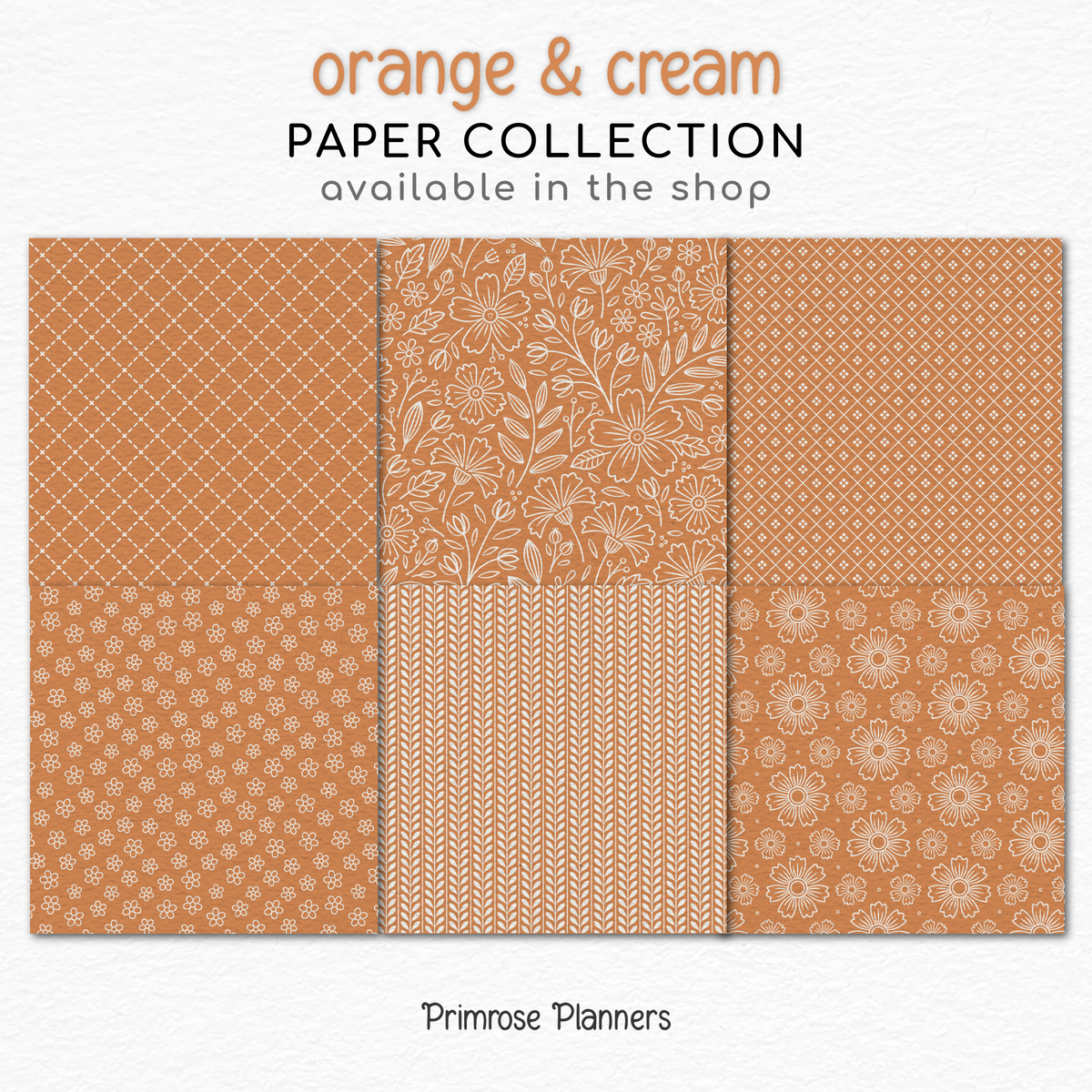 Basic Orange Digital Papers, Cream Fall Floral Collection, Autumn Leaf Scrapbook Backgrounds, Geometric Instant Download