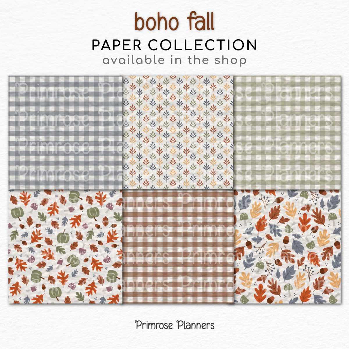 Boho Autumn Digital Paper, Fall Botanical Leaf Patterns, Muted Gingham Plaid Backgrounds, Cute Thanksgiving Scrapbooking Paper