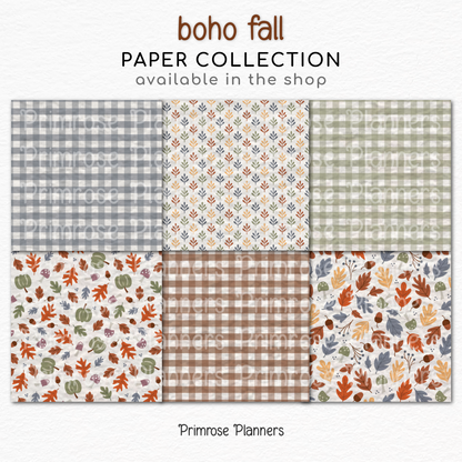 Boho Autumn Digital Paper, Fall Botanical Leaf Patterns, Muted Gingham Plaid Backgrounds, Cute Thanksgiving Scrapbooking Paper