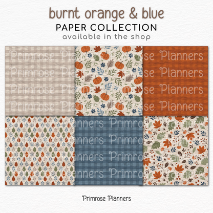 Burnt Orange Blue Autumn Digital Paper, Fall Botanical Leaf Patterns, Plaid Backgrounds, Cozy Thanksgiving Scrapbook Paper