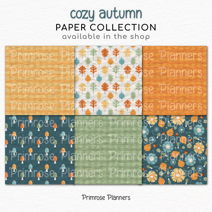 Cozy Autumn Scrapbook Paper, Teal Orange Fall Botanical Digital Paper Pack, Cute Mushroom Gingham Backgrounds, Paper Sets