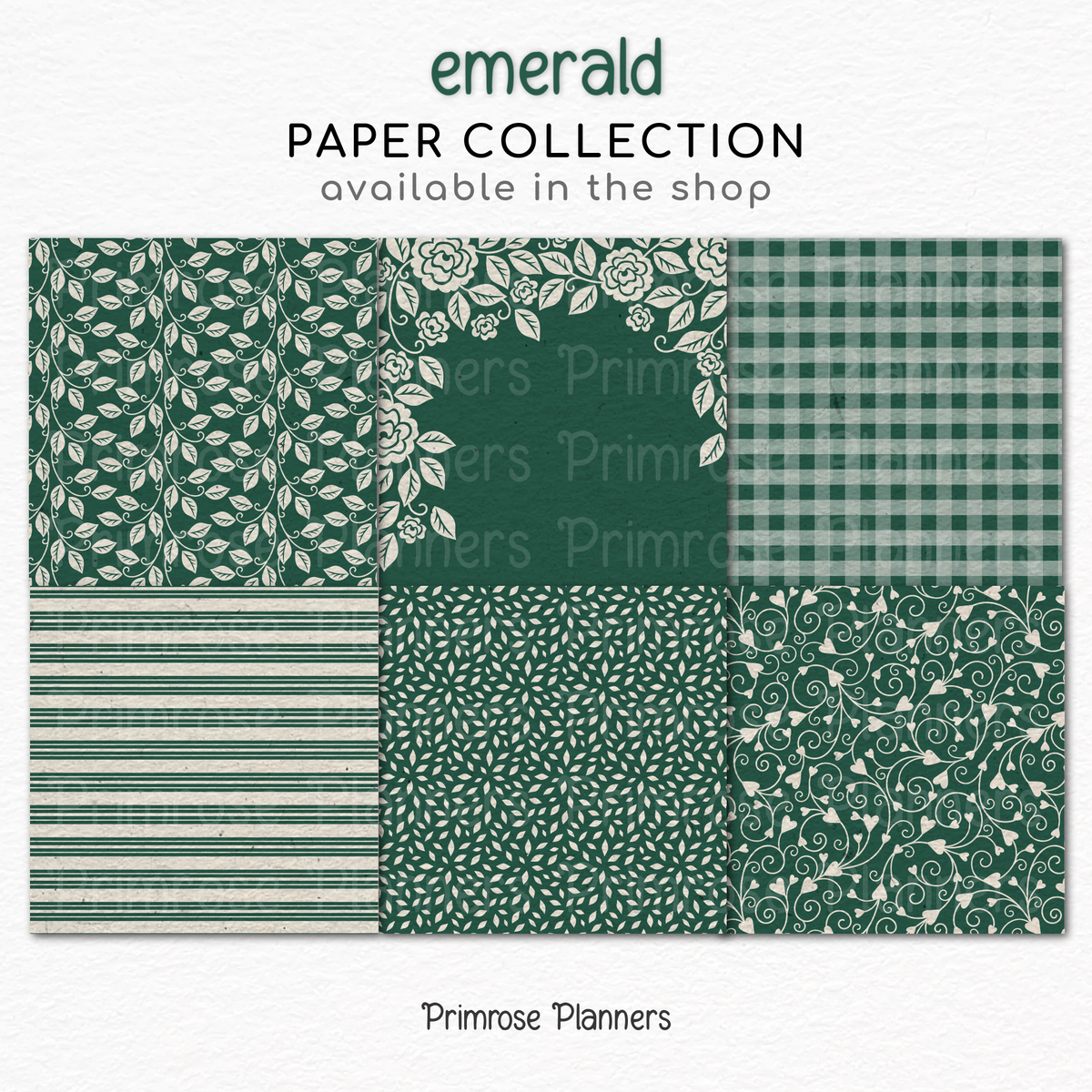 Cottage Rose Digital Backgrounds | Emerald Green Paper Pack | Heart Patterns for Digital Planning | Scrapbooking Supplies