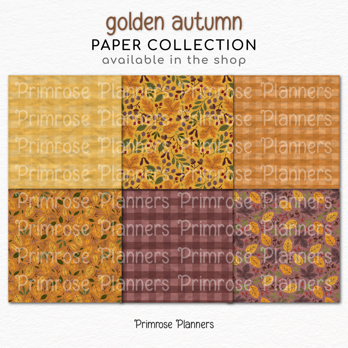 Golden Autumn Digital Paper, Warm Fall Botanical Backgrounds, Mustard Yellow Olive Green Plaid, Acorn Leaf Scrapbook Paper Pack