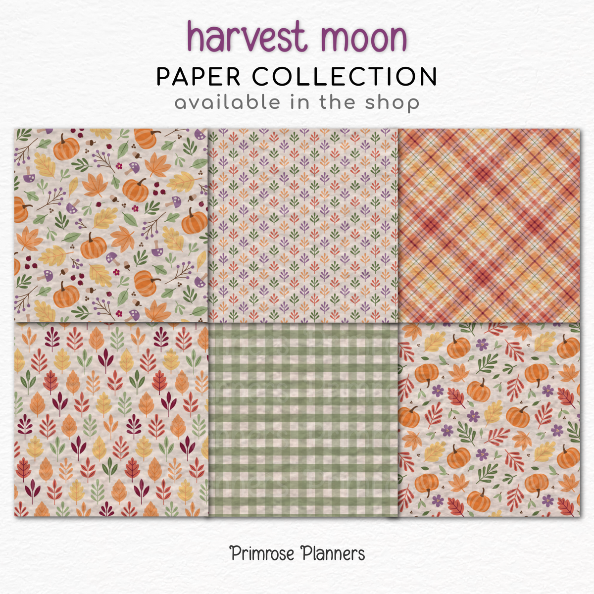 Harvest Moon Fall Digital Paper Set, Pastel Autumn Leaves Pumpkins Plaid Patterns, Cute Thanksgiving Backgrounds for Scrapbooking