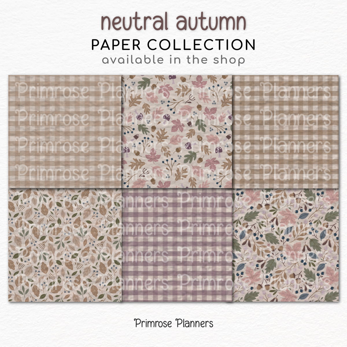Neutral Fall Scrapbook Paper, Boho Autumn Leaves Pattern, Dusty Pink Beige Gingham Background, Minimalist Fall Paper