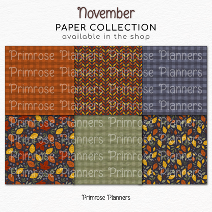 November Fall Scrapbook Paper, Dark Autumn Botanical Backgrounds, Navy Blue Mustard Yellow Plaid, Cozy Acorn Leaf Digital Paper Sets