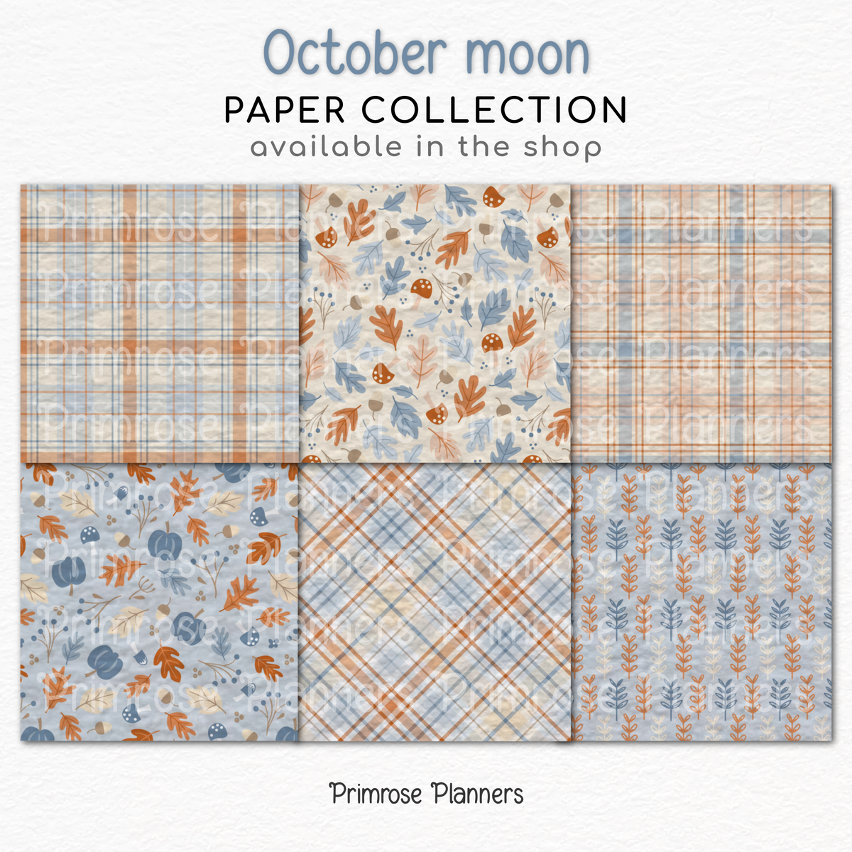 October Fall Scrapbook Paper, Muted Blue Orange Autumn Leaves Prints, Cozy Pumpkin Mushroom Digital Paper Sets, Plaid Backgrounds