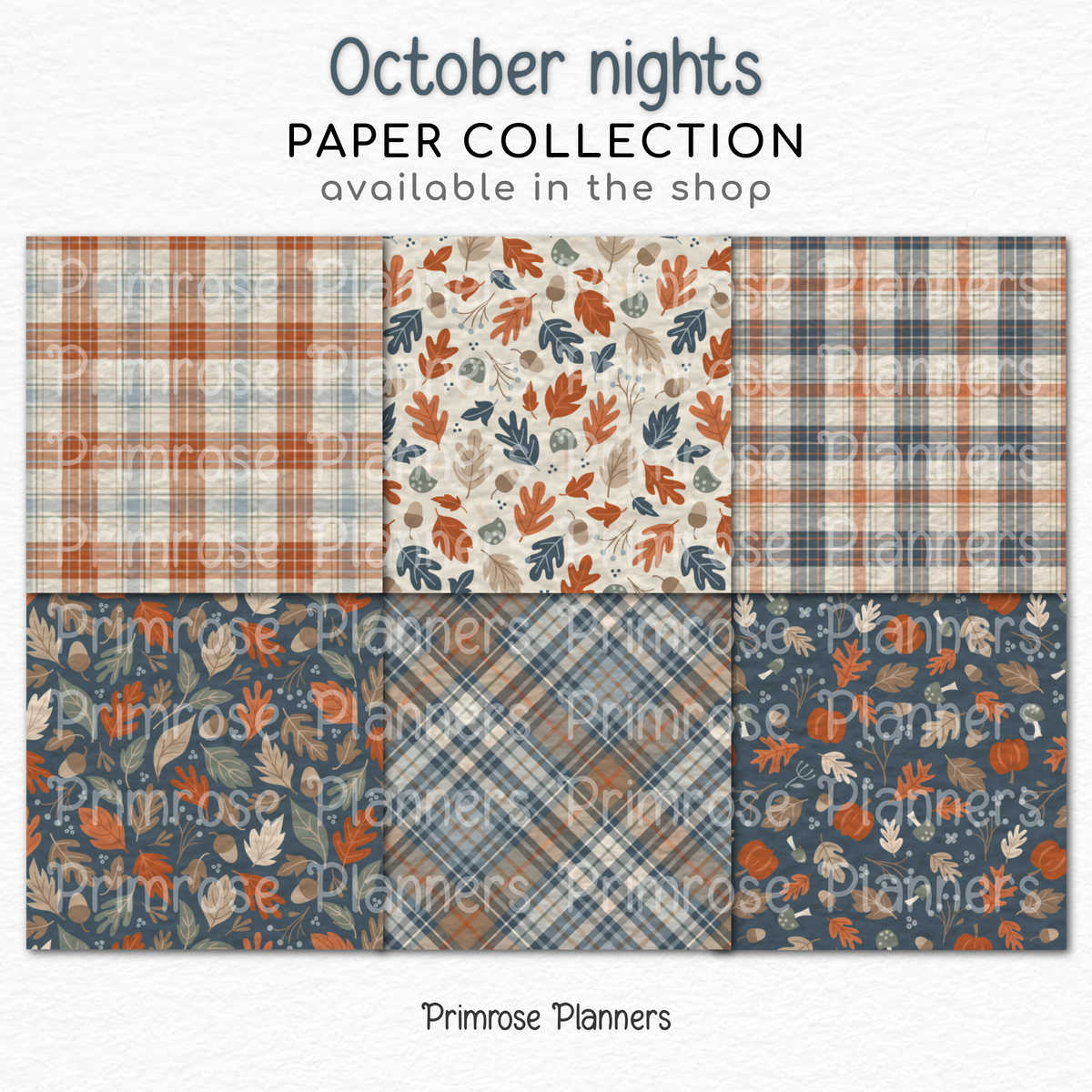 October Fall Scrapbook Paper, Moody Blue Orange Autumn Leaves Prints, Cozy Pumpkin Mushroom Digital Paper Sets, Plaid Pack