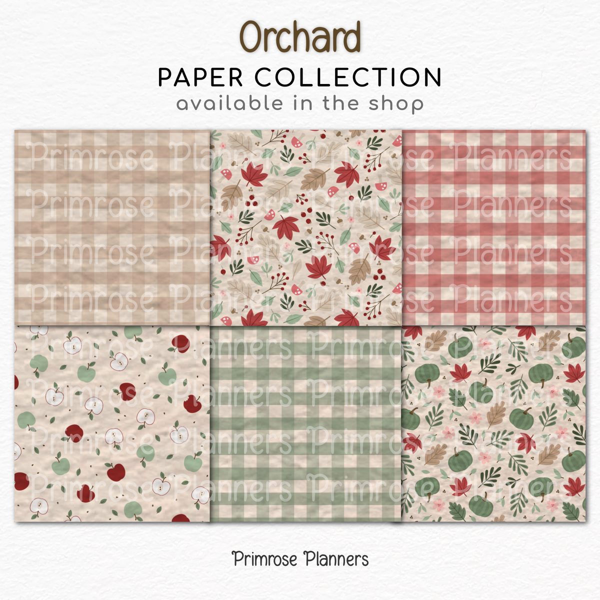 Fall Apple Orchard Digital Paper, Muted Autumn Gingham Backgrounds, Green Pumpkin Mushroom Prints, Thanksgiving Scrapbook Set