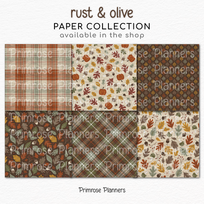 Rust and Olive Autumn Digital Paper, Fall Botanical Leaf Patterns, Plaid Backgrounds, Cozy Thanksgiving Scrapbook Paper