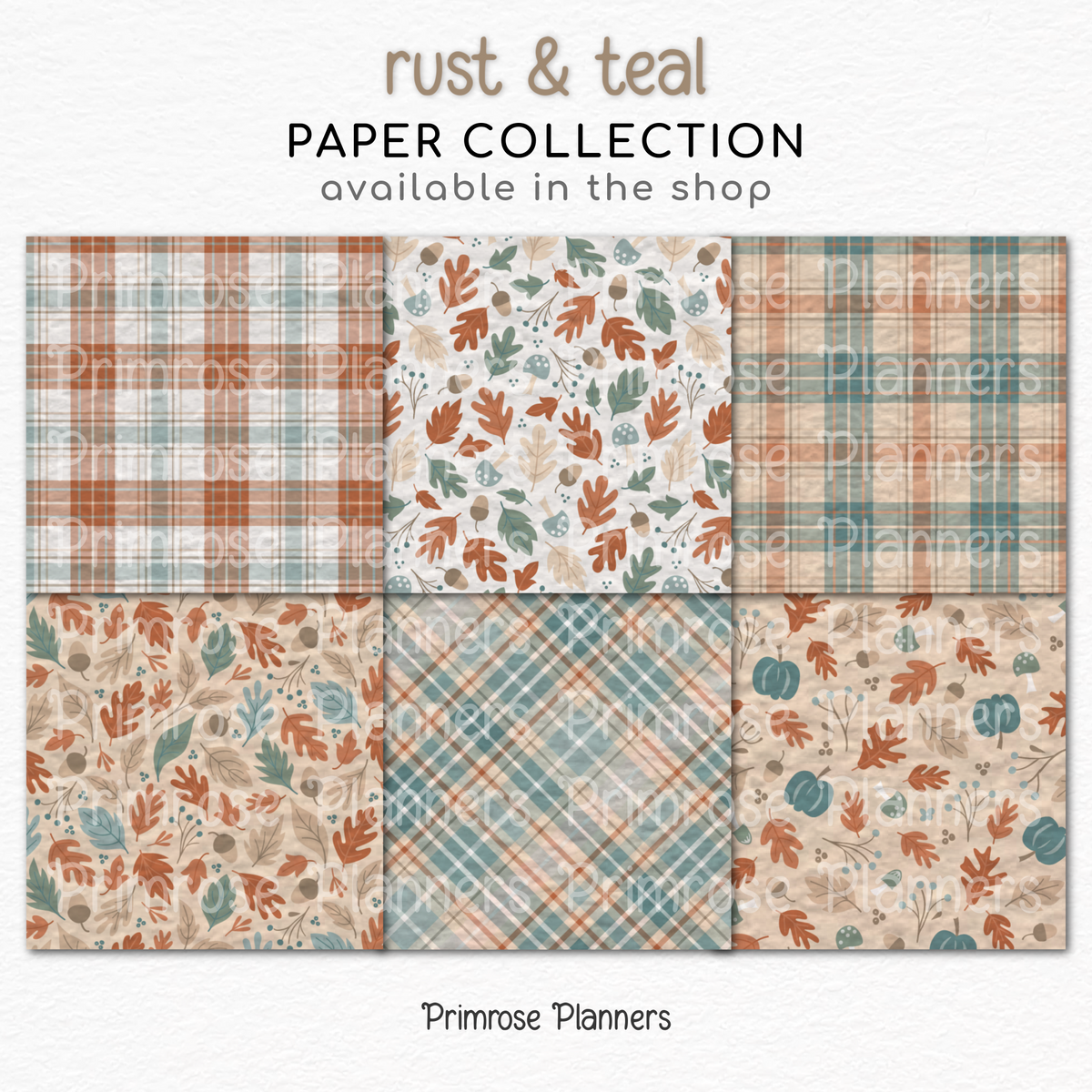Rust and Teal Autumn Digital Paper, Fall Botanical Leaf Patterns, Plaid Backgrounds, Cute Thanksgiving Scrapbook Paper