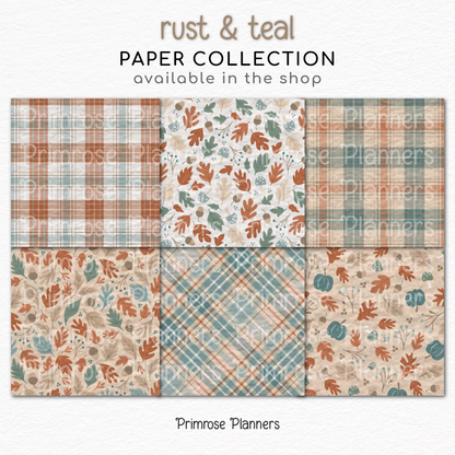 Rust and Teal Autumn Digital Paper, Fall Botanical Leaf Patterns, Plaid Backgrounds, Cute Thanksgiving Scrapbook Paper