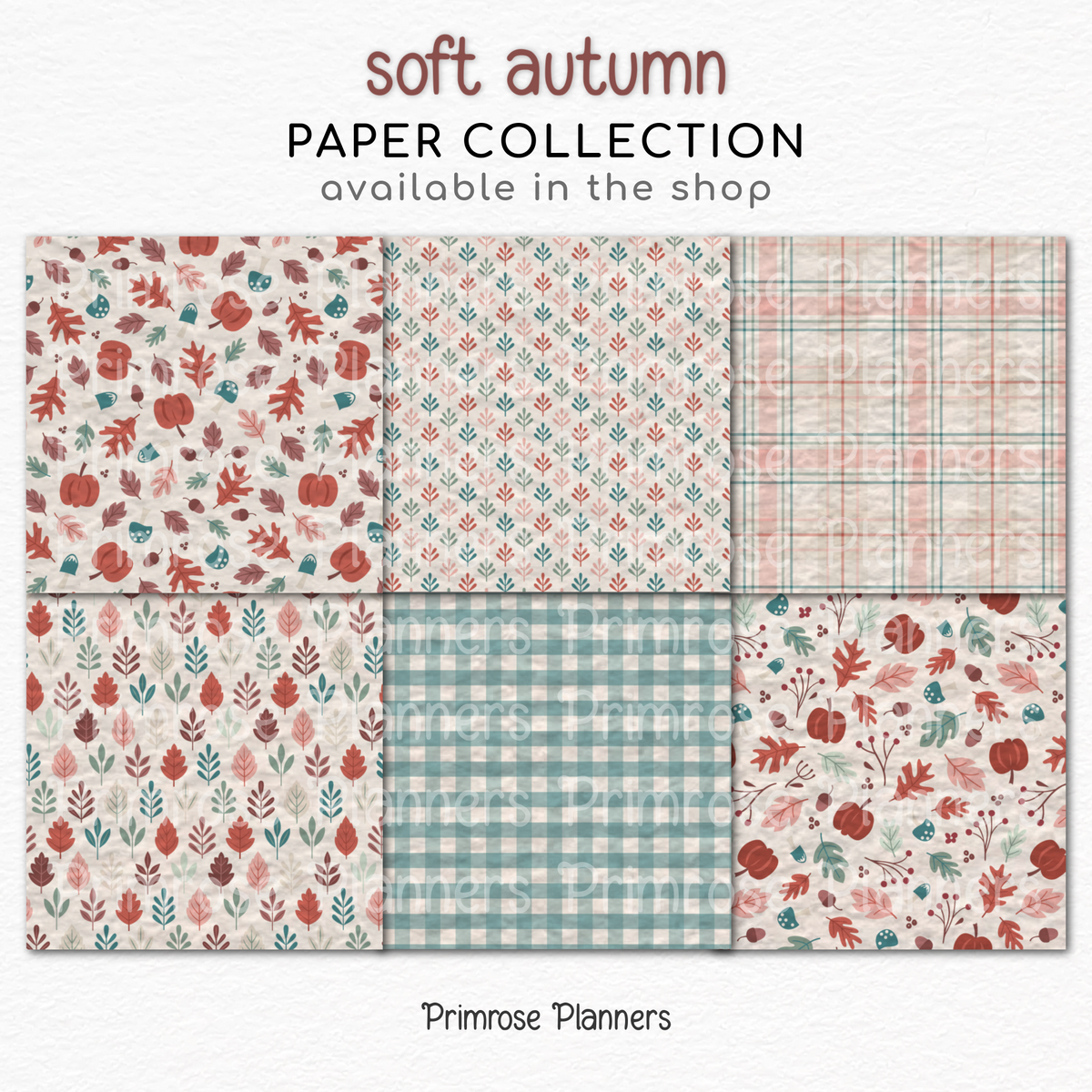 Soft Autumn Digital Paper, Pastel Pumpkin Mushroom Patterns, Sage Green Plaid Backgrounds, Cozy Fall Thanksgiving Scrapbook Pack