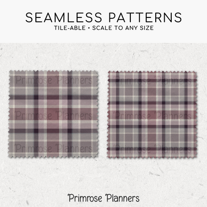 Dusty Rose Plum Grey Plaid Digital Paper, Moody Seamless Patterns, Romantic Fall Tartan, Commercial Use Scrapbook Paper Pack