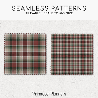 Evergreen Maroon Plaid Digital Paper, Winter Seamless Patterns, Christmas Tartan Backgrounds, Commercial Use Scrapbook Pack