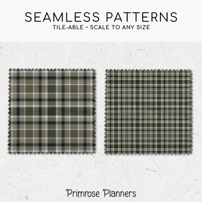 Cream Moss & Grey Plaid Digital Paper, Green Seamless Patterns, Farmhouse Gingham Scrapbook Backgrounds, Minimalist Commercial Use