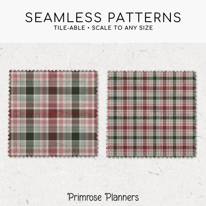 Blush Maroon & Sage Plaid Digital Paper, Christmas Seamless Patterns, Farmhouse Holiday Scrapbook Backgrounds, Commercial Use