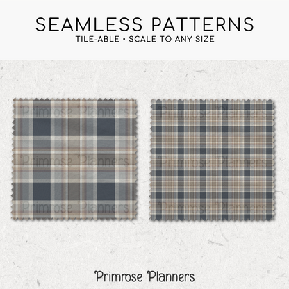Navy Brown Grey Plaid Digital Paper, Neutral Seamless Patterns, Farmhouse Gingham Scrapbook Backgrounds, Minimalist Commercial Use