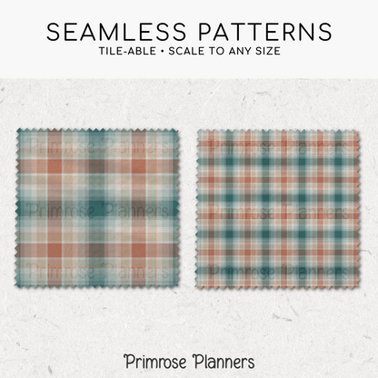 Terracotta and Teal Plaid Digital Paper, Boho Fall Seamless Patterns, Tartan Backgrounds, Commercial Use Scrapbook Pack