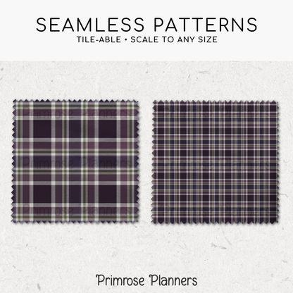 Plum Purple and Green Plaid Digital Paper, Moody Seamless Patterns, Tartan Backgrounds, Commercial Use Scrapbook Paper Pack