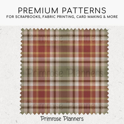 Autumn Leaves Tartan Plaid Digital Paper Pack, Red Green Fall Scrapbook Backgrounds, Cozy Thanksgiving Pattern