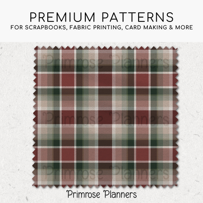 Evergreen Maroon Plaid Digital Paper, Winter Seamless Patterns, Christmas Tartan Backgrounds, Commercial Use Scrapbook Pack