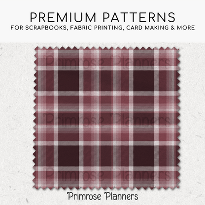 Frosted Cranberry Plaid Digital Paper, Burgundy Seamless Patterns, Farmhouse Gingham Scrapbook Backgrounds, Minimalist Commercial Use