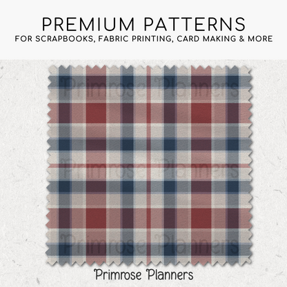 Red Beige Blue Plaid Digital Paper, Americana Seamless Patterns, Coastal Farmhouse Tartan, Commercial Use Scrapbook Pack