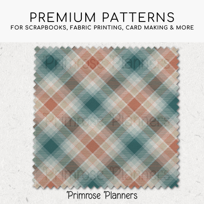 Terracotta and Teal Plaid Digital Paper, Boho Fall Seamless Patterns, Tartan Backgrounds, Commercial Use Scrapbook Pack