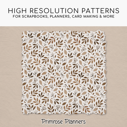 Tan & Brown Leaf Digital Paper, Neutral Fall Scrapbook Backgrounds, Earth Tone Botanical Patterns, Boho Autumn Pages
