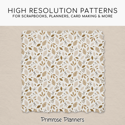 Flax & Foliage Digital Paper, Neutral Botanical Scrapbook Backgrounds, Earth Tone Leaf Patterns, Beige Fall Planners