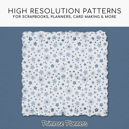 Frosted Blue Botanical Digital Paper, Slate Floral Scrapbook Backgrounds, Icy Star & Chevron Patterns, Minimalist Pages
