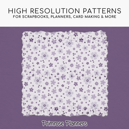 Frosted Lilac Botanical Digital Paper, Muted Purple Floral Scrapbook Backgrounds, Lavender Star & Chevron Patterns, Minimalist Pages