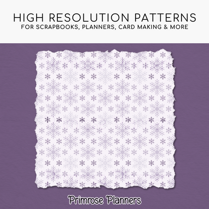 Frosted Lilac Snowflake Digital Paper, Purple Plaid Winter Scrapbook Backgrounds, Lavender Holiday Patterns, Cozy Grid Pages